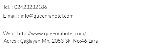 Queen Ra Hotel telefon numaralar, faks, e-mail, posta adresi ve iletiim bilgileri